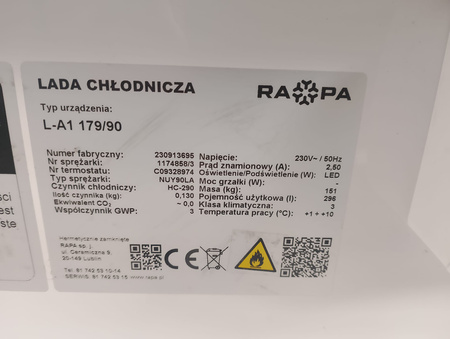 Lada chłodnicza szyba prosta Rapa L-A1 179/90